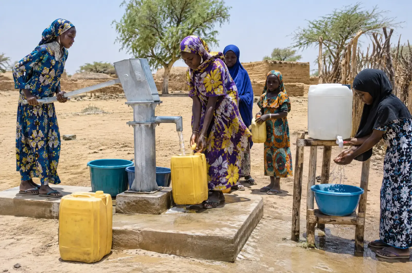 Point d’eau et lavage des mains dans un village — illustration générée